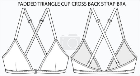 Illustration for Technical Sketch of PADDED TRIANGLE CUP CROSS BACK STRAP BRA in editable vector sketch - Royalty Free Image