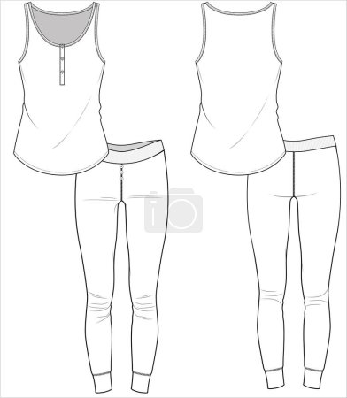 Téléchargez les illustrations : SLEEVLESS TEE WITH PLACKET AND JOGGERS NIGHTWEAR SET FOR WOMEN AND TEEN GIRLS IN EDITABLE VECTOR FILE - en licence libre de droit