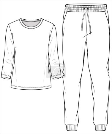 Illustration for TEE AND JOGGERS FLAT SKETCH OF NIGHTWEAR SET FOR WOMEN AND TEEN GIRLS IN EDITABLE VECTOR FILE - Royalty Free Image