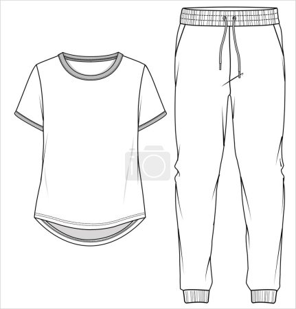 TEE AND JOGGERS PLAT SKETCH OF NIGHTWEAR SET FOR WOMEN AND TEENN GIRLS IN EDITABLE VECTOR FILE