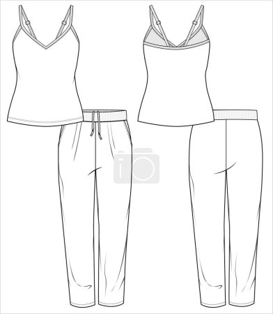 Illustration for CAMI AND JOGGERS FLAT SKETCH OF NIGHTWEAR SET FOR WOMEN AND TEEN GIRLS IN EDITABLE VECTOR FILE - Royalty Free Image