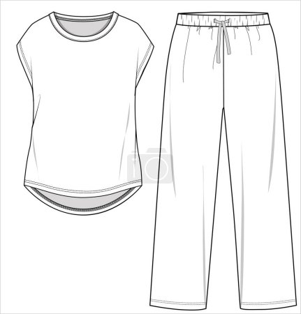 Illustration for TEE AND PAJAM FLAT SKETCH OF NIGHTWEAR SET FOR WOMEN AND TEENN GIRLS IN EDITABLE VECTOR FILE - Royalty Free Image