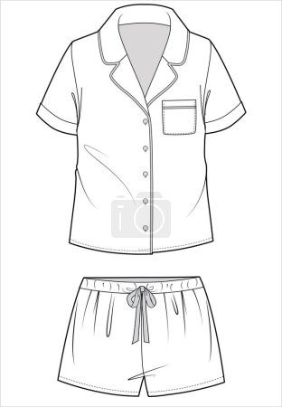 Illustration for NOTCH COLLAR TOP AND SHORTS FLAT SKETCH OF NIGHTWEAR SET FOR WOMEN AND TEEN GIRLS IN EDITABLE VECTOR FILE - Royalty Free Image