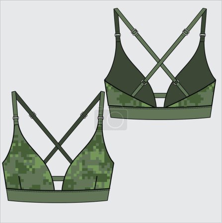 Illustration for CAMOUFLAGE PRINT GYM BRA FOR WOMEN WEAR VECTOR - Royalty Free Image