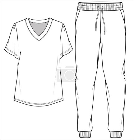 Téléchargez les illustrations : TEE AND JOGGERS PLAT SKETCH OF NIGHTWEAR SET FOR WOMEN AND TEENN GIRLS IN EDITABLE VECTOR FILE - en licence libre de droit