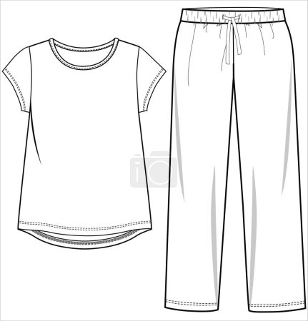 Téléchargez les illustrations : TEE AND PAJAMA PLAT SKETCH OF NIGHTWEAR SET FOR WOMEN AND TEEN GIRLS IN EDITABLE VECTOR FILE - en licence libre de droit