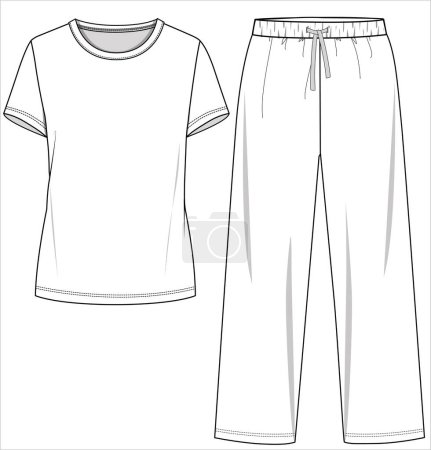 Illustration for TEE AND AJAMA FLAT SKETCH OF NIGHTWEAR SET FOR WOMEN AND TEENN GIRLS IN EDITABLE VECTOR FILE - Royalty Free Image