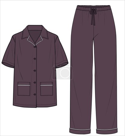 Illustration for SHORT SLEEVES NOTCH COLLAR TOP WITH PIPING DETAIL PYJAMA SET FOR WOMEN IN EDITABLE VECTOR FILE - Royalty Free Image