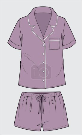 Illustration for NOTCH COLLAR TOP AND NICKERS MATCHING NIGHTWEAR SET FOR TEEN AND KID GIRLS WEAR VECTOR - Royalty Free Image