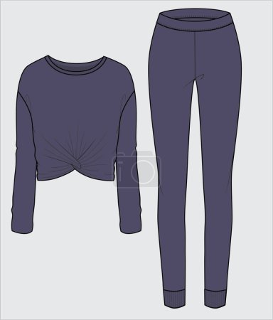 Illustration for LONG SLEEVES CROP TOP WITH JOGGERS MATCHING PYJAMA SET FOR WOMEN AND TEEN GIRLS WEAR VECTOR - Royalty Free Image