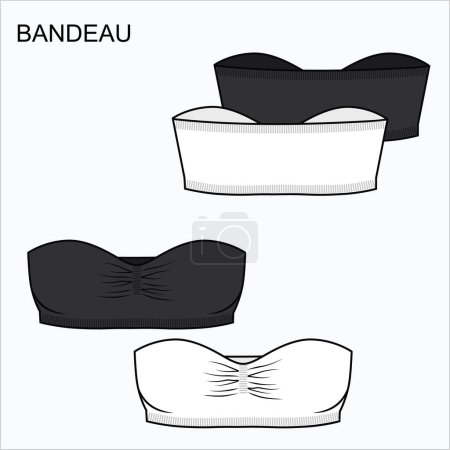 Téléchargez les illustrations : Esquisse technique de BANDEAU BRA en noir et blanc. Sous-vêtements modifiables vecteur de mode plat - en licence libre de droit