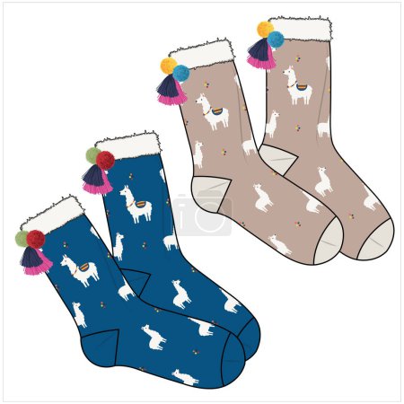 Illustration for TRENDY PAIR OF SOCKS WITH POM POM AND TASSELS IN EDITABLE VECTOR FILE - Royalty Free Image