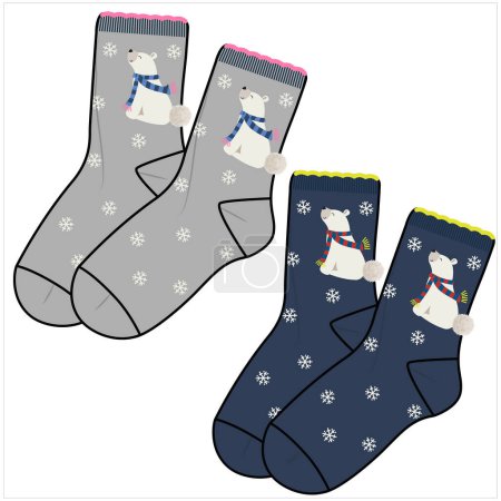 Illustration for TRENDY WINTER PAIR OF SOCKS WITH SNOWFLAKES , BEAR AND POM POM BALLS IN EDITABLE VECTOR FILE - Royalty Free Image