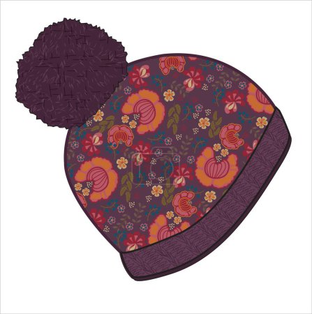 Illustration for EMBROIDERED BOBBLE CAP WITH POM POM BALL IN EDITABLE VECTOR - Royalty Free Image