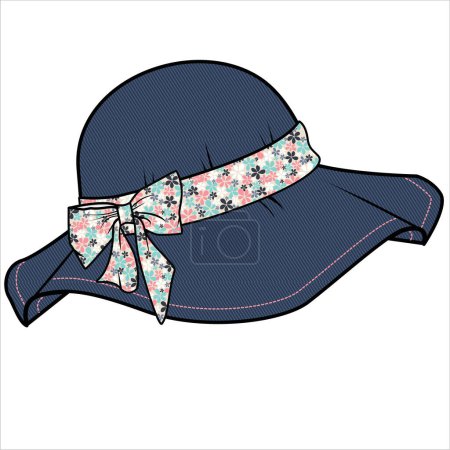 Illustration for TRILBY DENIM SUMMER HAT WITH FLORAL FABRIC BOW TIE UP IN EDITABLE VECTOR - Royalty Free Image