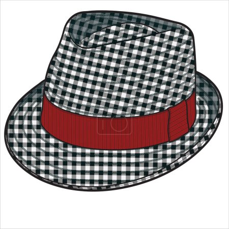 Illustration for GINGHAM FEDORA HAT WITH RED TAPE DETAIL IN EDITABLE VECTOR - Royalty Free Image