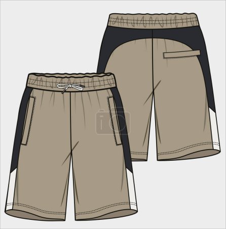 Illustration for MEN AND TEEN BOYS BOTTOM WEAR SPORTY SHORTS FRONT AND BACK FLAT FASHION SKETCH VECTOR - Royalty Free Image