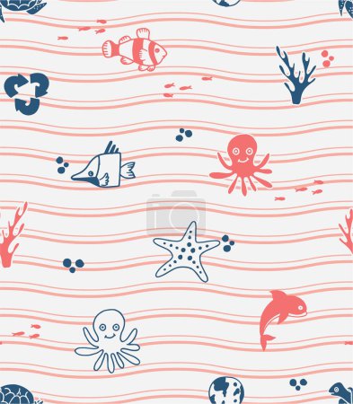 Illustration for DOODLE CORAL, STARFISH AND NAUTICAL WAVE SEAMLESS PATTERN - Royalty Free Image