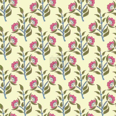 SPRING FLORAL WITH BLOCK PRINT DETAIL SEAMLESS PATTERN IN EDITABLE VECTOR FILE