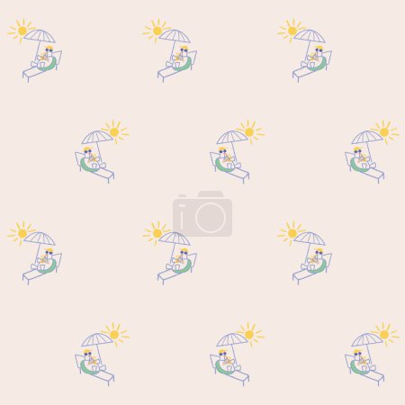 Illustration for SUNBATHING TORTOISE UNDER PARASOLE DOODLE SEAMLESS PATTERN IN VECTOR - Royalty Free Image