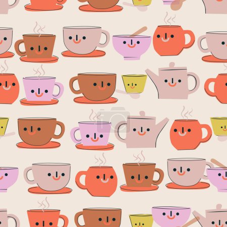 Illustration for TEA POT CUP AND MUGS DOODLE FACE POTS SEAMLESS PATTERN VECTOR - Royalty Free Image