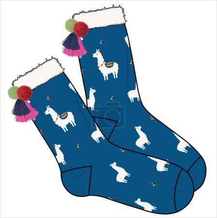 Illustration for TRENDY PAIR OF SOCKS PAIR WITH POM POM AND TASSELS AND LLAMA ANIMAL VECTOR - Royalty Free Image