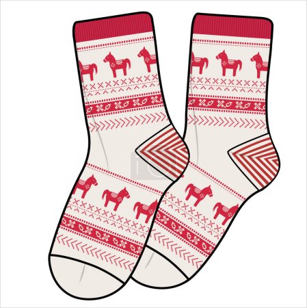 Illustration for TRENDY WINTER PAIR OF SOCKS WITH SNOWFLAKES, LLAMA ANIMAL PRINT VECTOR - Royalty Free Image