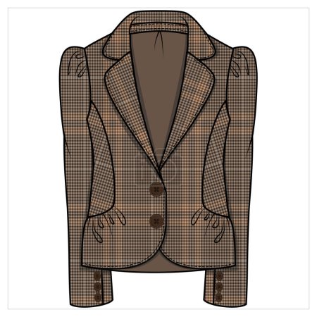 Illustration for NOTCH COLLAR SINGLE BREASTED PUFF SLEEVES CHECK BLAZER FOR WOMEN CORPORATE WEAR VECTOR - Royalty Free Image