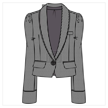 Illustration for SHAWL COLLAR CROP BODY HOUNDS TOOTH BLAZER FOR WOMEN CORPORATE WEAR IN EDITABLE VECTOR FILE - Royalty Free Image