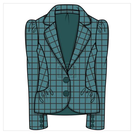 Illustration for NOTCH COLLAR SINGLE BREASTED PUFF SLEEVES CHECK BLAZER FOR WOMEN CORPORATE WEAR IN EDITABLE VECTOR FILE - Royalty Free Image