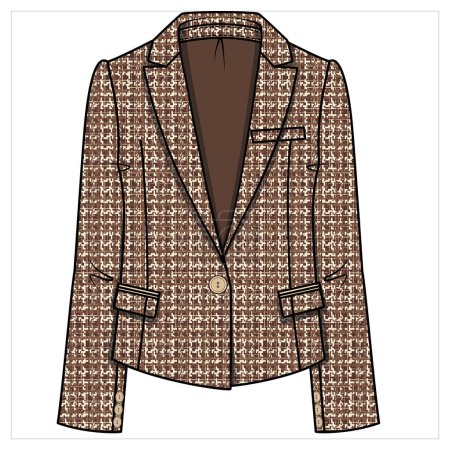Illustration for CROPPD BODY NOTCH COLLAR SINGLE BREASTED BROWN TWEED BLAZER FOR WOMEN CORPORATE WEAR VECTOR - Royalty Free Image