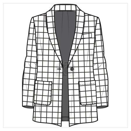 Illustration for RELAX FIT SHAWL COLLAR LONG LINE SINGLE BREASTED MONOCHROME CHECK BLAZER FOR WOMEN CORPORATE WEAR IN EDITABLE VECTOR FILE - Royalty Free Image