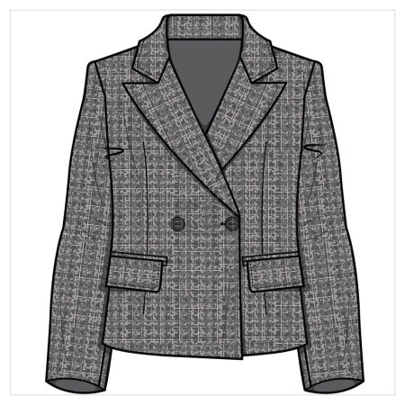 Illustration for BOXY FIT WIDE NOTCH COLLAR DOUBLE BREASTED CHARCOAL TWEED BLAZER FOR WOMEN CORPORATE WEAR IN EDITABLE VECTOR FILE - Royalty Free Image