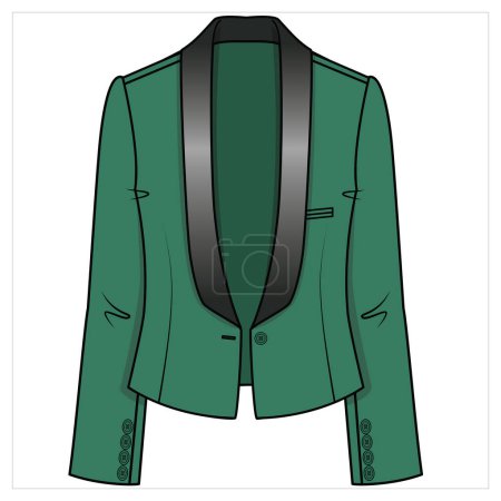 Illustration for TUXEDO BLAZER IN EMERALD GREEN WITH CONTRAST COLLAR FOR WOMEN CORPORATE WEAR VECTOR - Royalty Free Image
