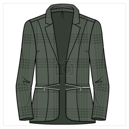 Illustration for PRINCESS SEAM NOTCH COLLAR ADJUSTABLE LENGTH OLIVE CHECK BLAZER FOR WOMEN CORPORATE WEAR VECTOR - Royalty Free Image