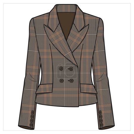 Illustration for SLIM FIT WIDE NOTCH COLLAR DOULE BREASTED BROWN CHECK BLAZER FOR WOMEN CORPORATE WEAR VECTOR - Royalty Free Image