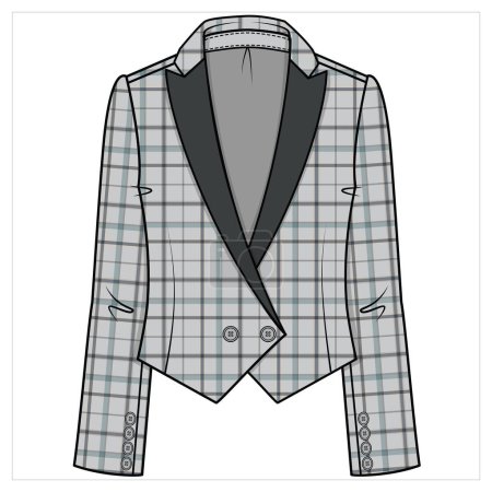 Illustration for TUXEDO WITH V CUT HEMLINE CONTRAST NOTCH COLLAR PALE CHECK BLAZER FOR WOMEN CORPORATE WEAR VECTOR - Royalty Free Image