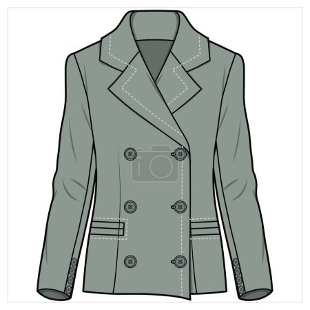 Illustration for SLIM FIT WIDE NOTCH COLLAR DOUBLE BREASTED BLAZER WITH CONTRAST STITCH DETAIL FOR WOMEN CORPORATE WEAR VECTOR - Royalty Free Image
