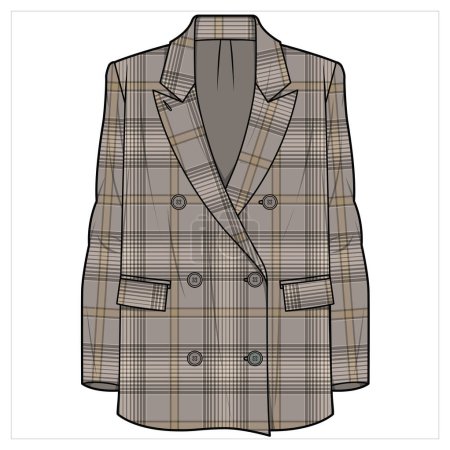 Illustration for RELAX FIT NOTCH COLLAR LONG LINE DOUBLE BREASTED BROWN CHECK BLAZER FOR WOMEN CORPORATE WEAR - Royalty Free Image