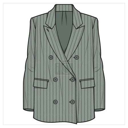 Illustration for RELAX FIT NOTCH COLLAR LONG LINE DOUBLE BREASTED OLIVE STRIPE BLAZER FOR WOMEN CORPORATE WEAR - Royalty Free Image
