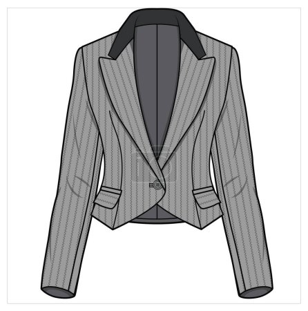 Illustration for CROPPED TUXEDO WITH CONTRAST NOTCH COLLAR GRAY STRIPE BLAZER FOR WOMEN CORPORATE WEAR VECTOR - Royalty Free Image