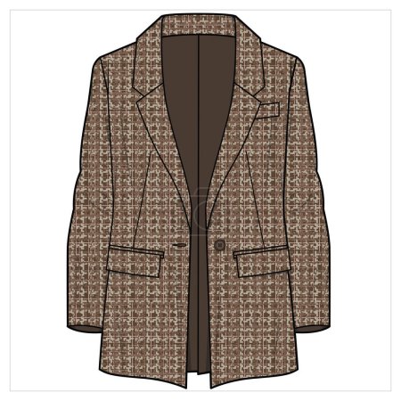 Illustration for RELAX FIT NOTCH COLLAR LONG SINGLE BREASTED TWEED BLAZER FOR WOMEN CORPORATE WEAR - Royalty Free Image