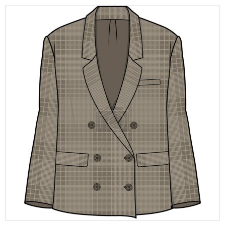 Illustration for BOXY FIT NOTCH COLLAR DOUBLE BREASTED CHECK BLAZER FOR WOMEN CORPORATE WEAR VECTOR - Royalty Free Image