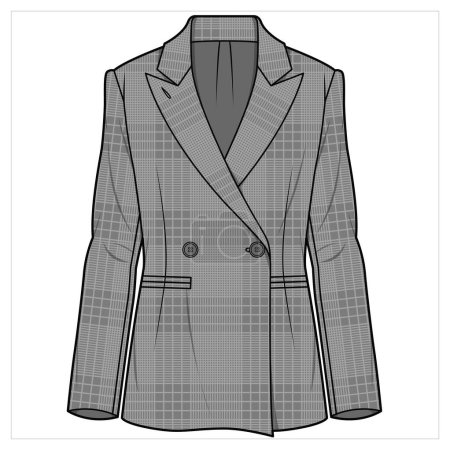 Illustration for SLIM FIT NOTCH COLLAR DOULE BREASTED HERITAGE CHECK BLAZER FOR WOMEN CORPORATE WEAR VECTOR - Royalty Free Image