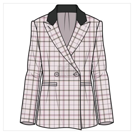 Illustration for SLIM FIT NOTCH COLLAR DOULE BREASTED HERITAGE CHECK BLAZER FOR WOMEN CORPORATE WEAR VECTOR - Royalty Free Image