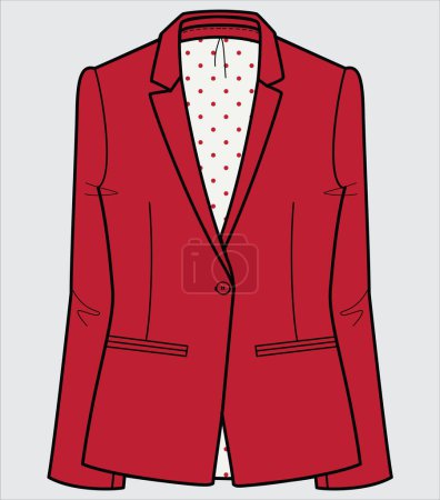 Illustration for RED NOTCH COLLAR BLAZER WITH POLKA LINING FOR WOMEN CORPORATE WEAR VECTOR - Royalty Free Image