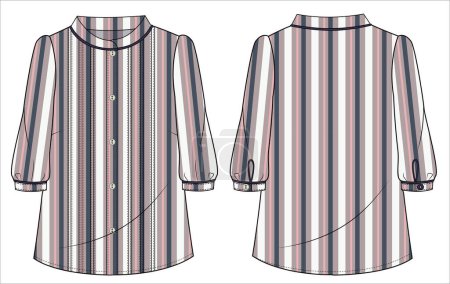 Illustration for Striper printed Pintucks front open woven top with three fourth sleeves for women office wear in editable vector file - Royalty Free Image
