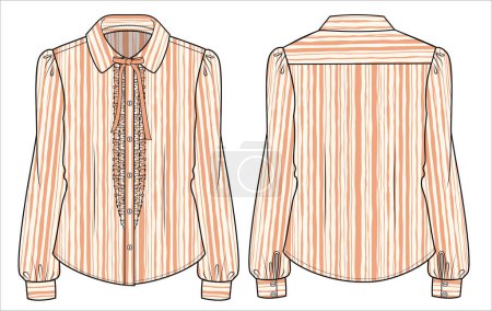 Illustration for Long puff sleeves woven top with frill front placket and peter pan collar in irregular stripe for women office wear in editable vector file - Royalty Free Image
