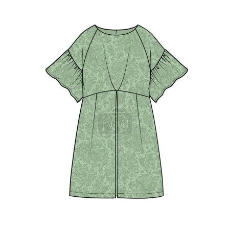 Illustration for FRILLED RAGLAN SLEEVES WITH PLEATED FRONT WOVEN DRESS IN EDITABLE VECTOR - Royalty Free Image