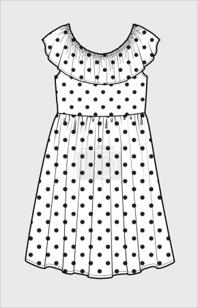 Illustration for WOVEN SLEEVELESS OFF SHOULDER FRILL POLKA DRESS FOR KID AND TEEN GIRLS IN EDITABLE VECTOR - Royalty Free Image